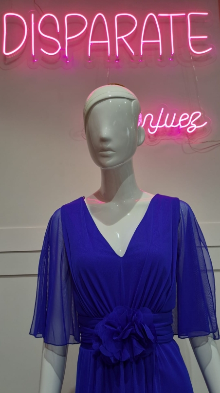 VESTIDO FIESTA CORTO GASA MANGA ABIERTA FALDA EVASE