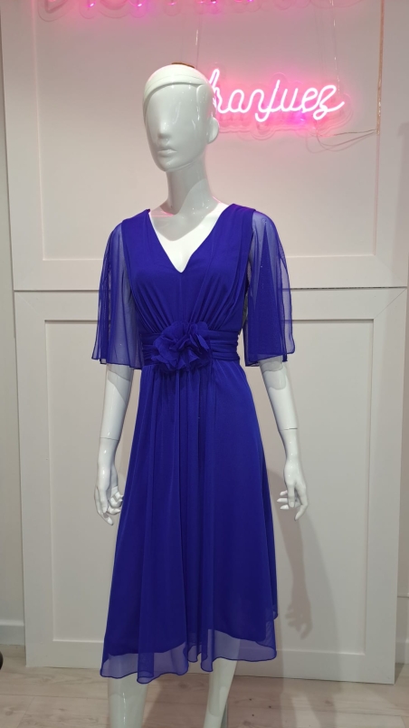 VESTIDO FIESTA CORTO GASA MANGA ABIERTA FALDA EVASE