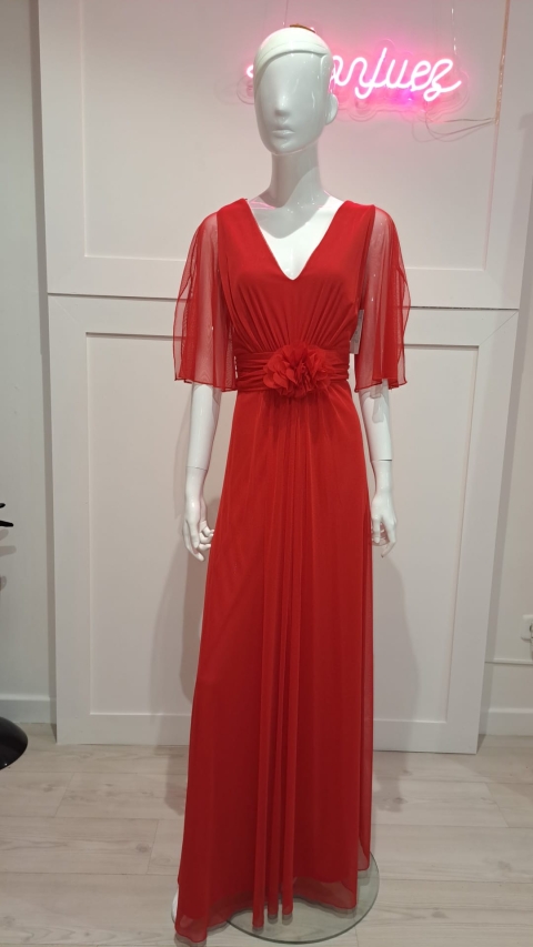 VESTIDO LARGO GASA LISO MANGA ABIERTA  ESCOTE PICO FLOR CINT 2