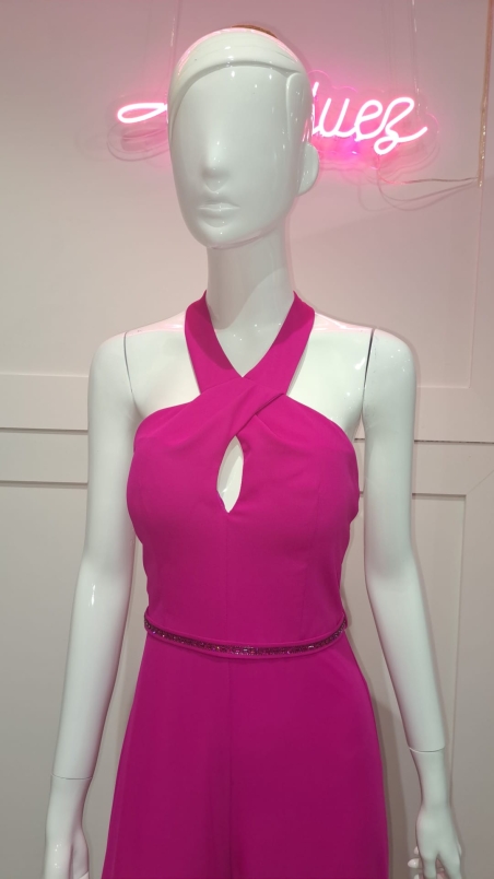 MONO ESCOTE HALTER ESPALDA CON TIRAS CINTURÓN PEDRERIA