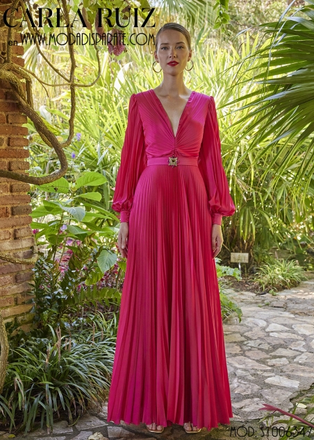 VESTIDO LARGO FIESTA PLISADO MANGA LARGA ESCOTE PICO CINTURÓ