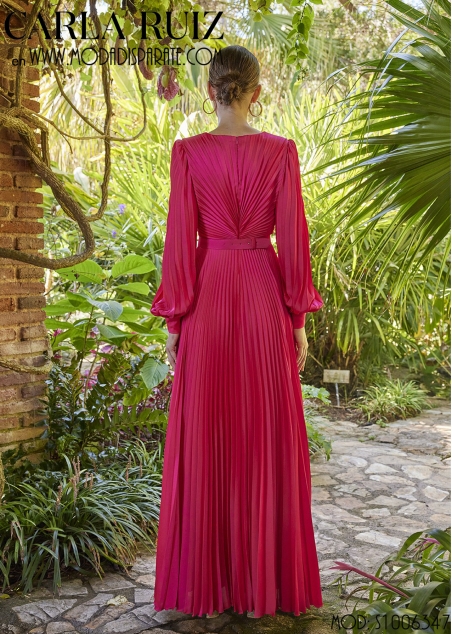 VESTIDO LARGO FIESTA PLISADO MANGA LARGA ESCOTE PICO CINTURÓ