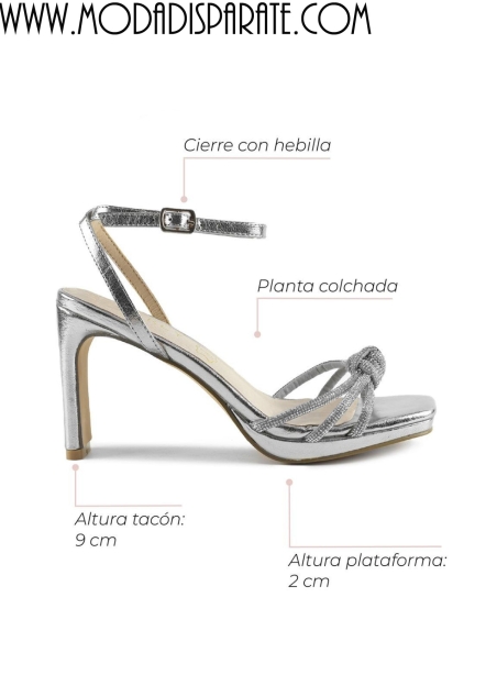 SANDALIA"9 CM TACON" PLATAFORMA PALA NUDO STRASS PLANTA PIEL